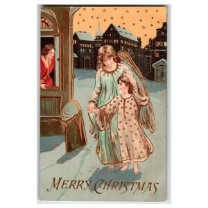 Vintage Embossed Christmas Postcard Angel & Child with Gold Foil